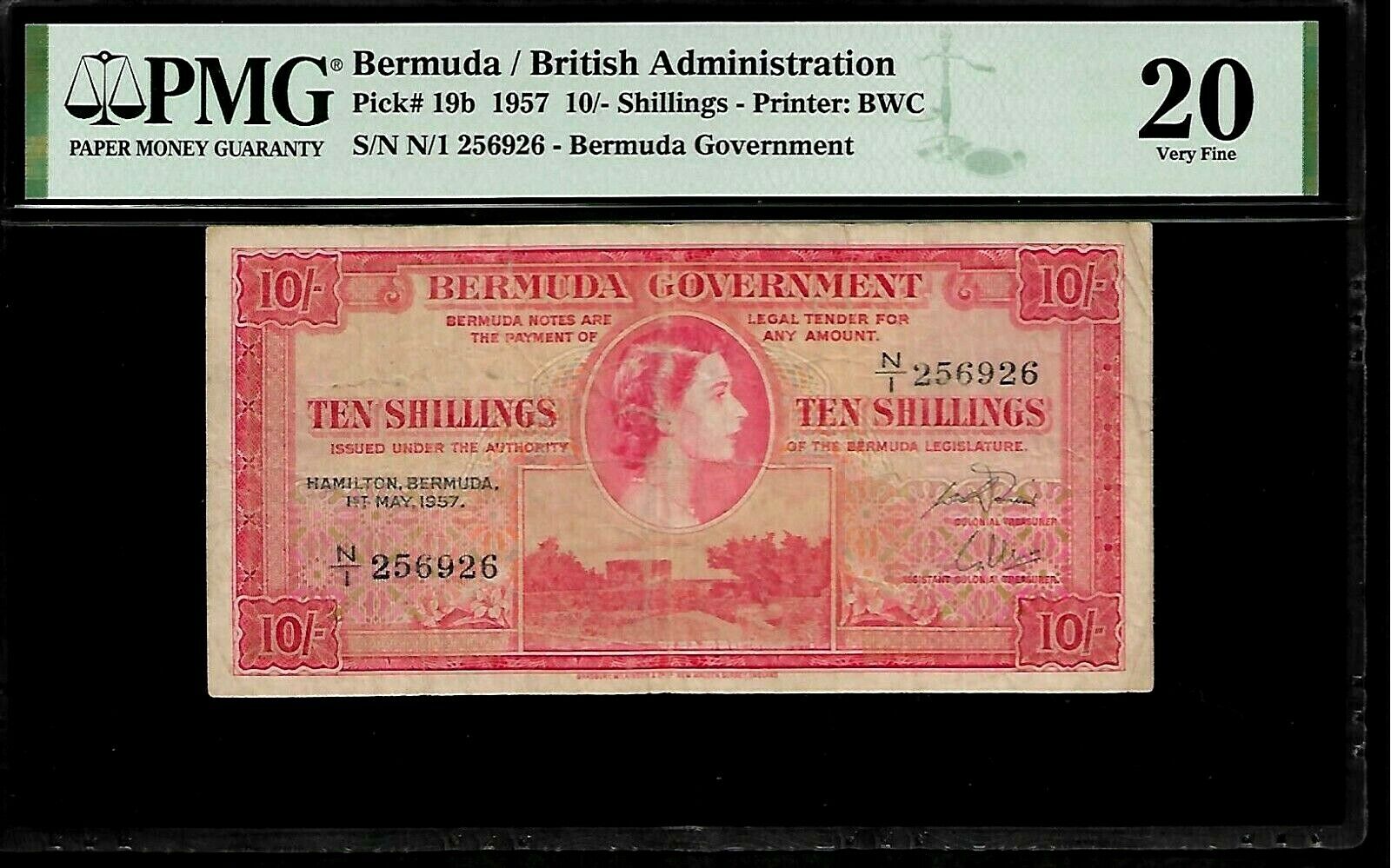 Bermuda 10 /- Shillings 1957  PMG 20 Pick# 19b Queen Elizabeth II