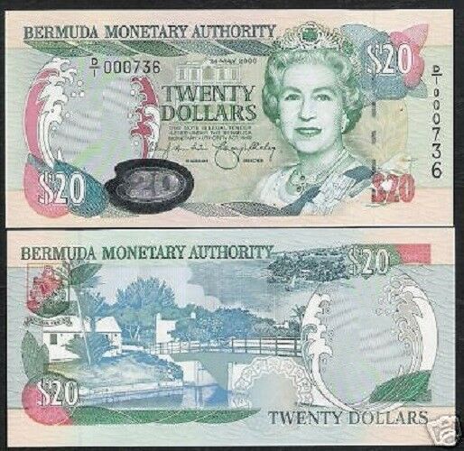 Bermuda 20 Dollars P53 2000 Queen Boat Millennium Unc Tone Low Serial # Banknote