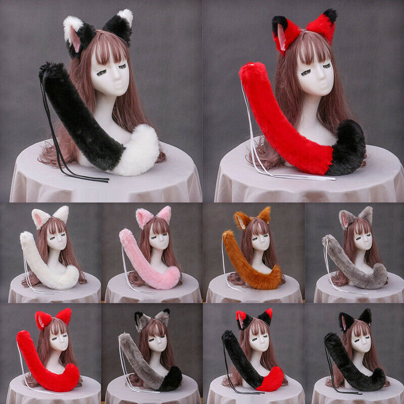 Anime Cosplay Set Multi Colors Faux Fur Wolf Ears Headband Plush Animal Tail