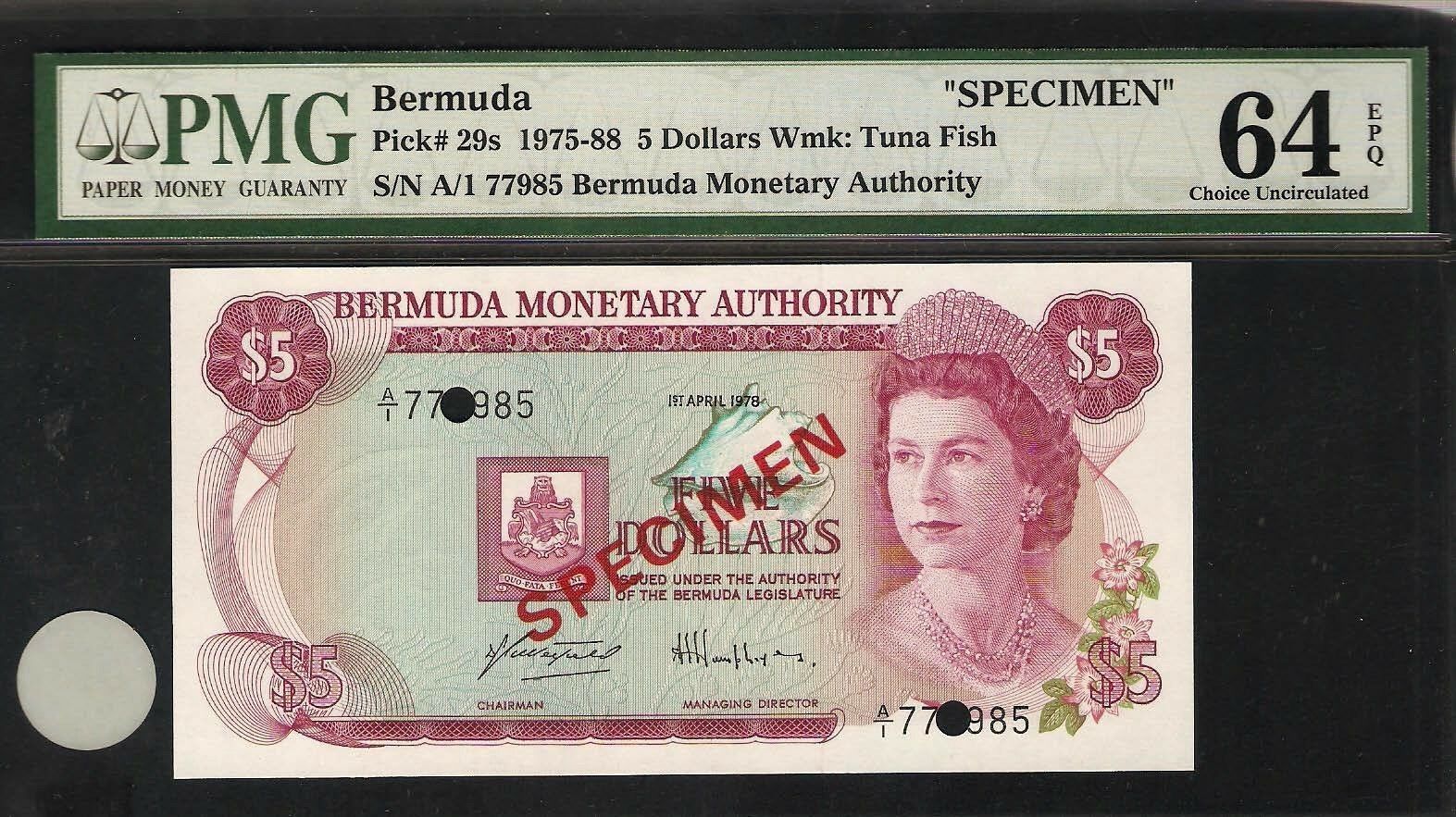 Bermuda 5 Dollars 1975 - 88  SPECIMEN PMG 64 EPQ UNC Pick# 29s