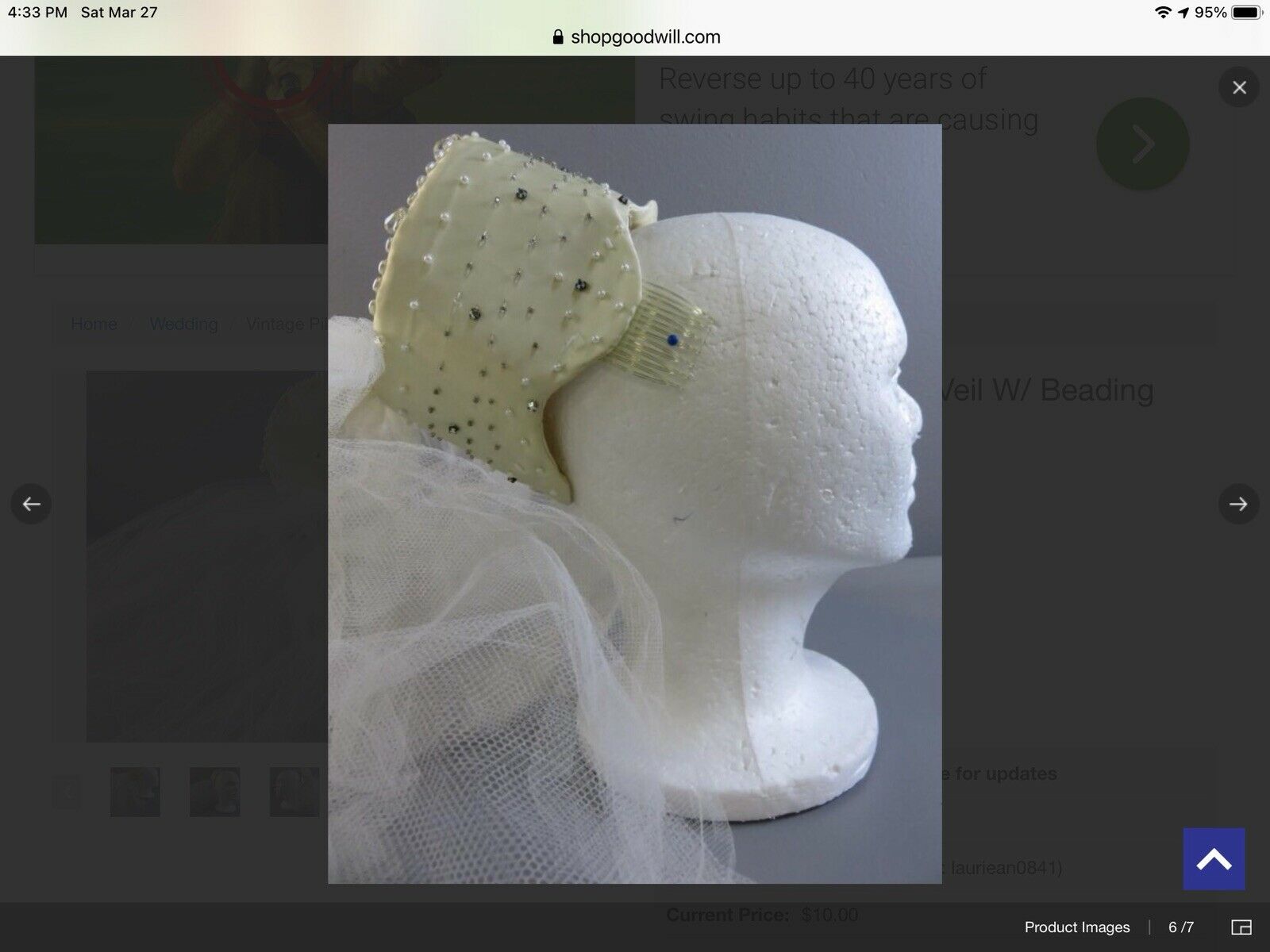 Wedding Veil Hat 1960's Jeweled PILLBOX ivory cream 36” VIntage